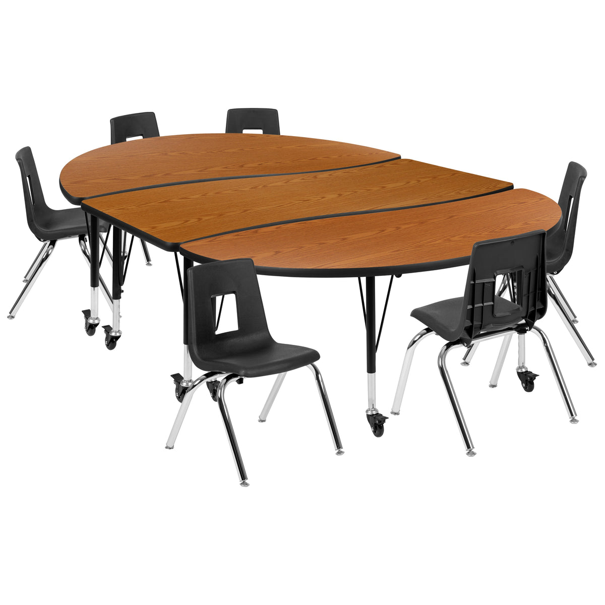 Flash Furniture XU-GRP-14CH-A3060CON-60-OAK-T-P-CAS-GG Mobile 86" Oval Wave Activity Table Set-14" Student Stack Chairs, Oak/Black (Oak Top/Black Frame) - Main view