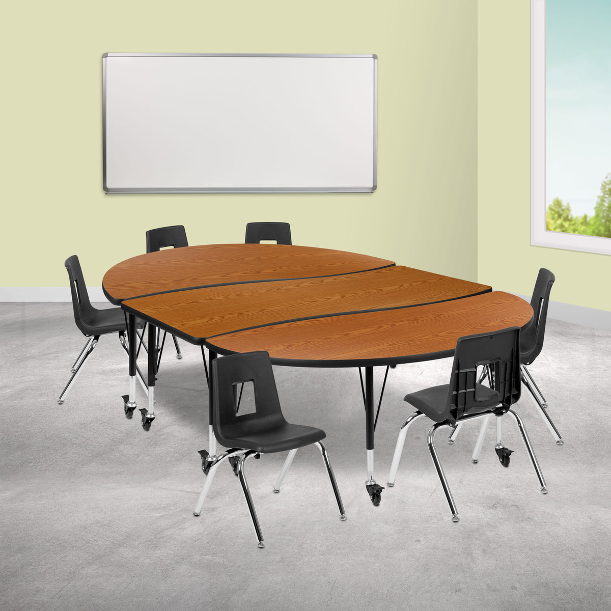 Flash Furniture XU-GRP-14CH-A3060CON-60-OAK-T-P-CAS-GG Mobile 86" Oval Wave Activity Table Set-14" Student Stack Chairs, Oak/Black (Oak Top/Black Frame) - View 2