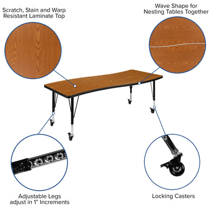 Flash Furniture XU-GRP-14CH-A3060CON-60-OAK-T-P-CAS-GG Mobile 86" Oval Wave Activity Table Set-14" Student Stack Chairs, Oak/Black (Oak Top/Black Frame) - View 4