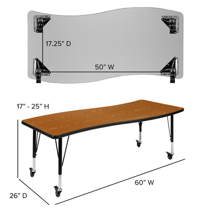 Flash Furniture XU-GRP-14CH-A3060CON-60-OAK-T-P-CAS-GG Mobile 86" Oval Wave Activity Table Set-14" Student Stack Chairs, Oak/Black (Oak Top/Black Frame) - View 7