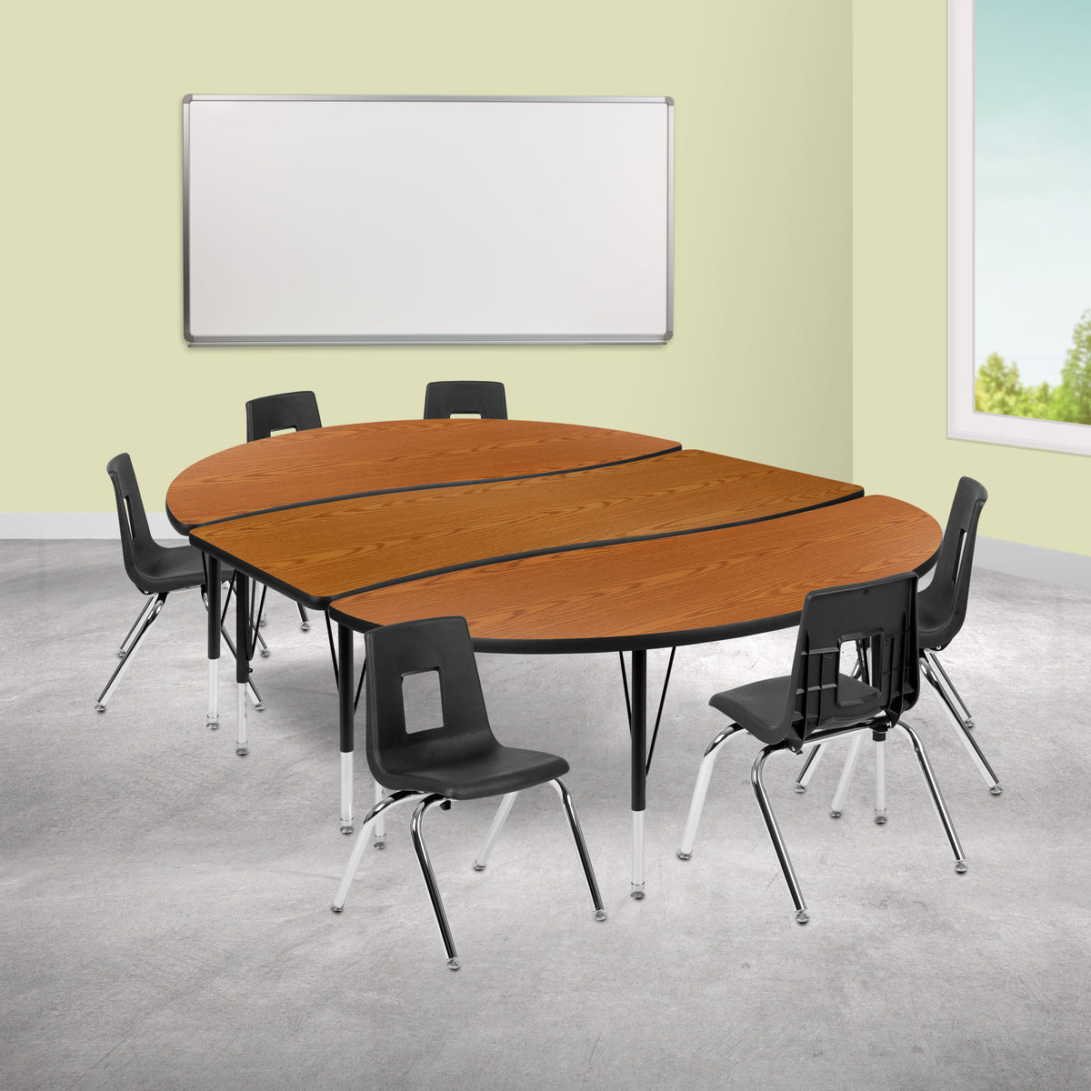 Flash Furniture XU-GRP-14CH-A3060CON-60-OAK-T-P-GG 86" Oval Wave Activity Table Set with 14" Student Stack Chairs, Oak/Black (Oak Top/Black Frame) - View 2