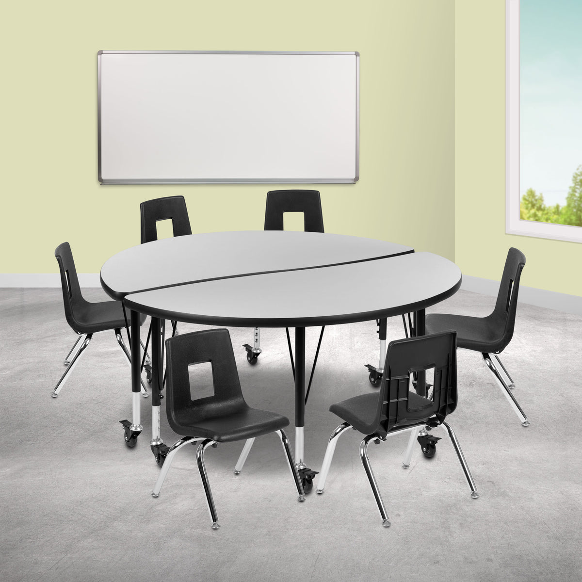 Flash Furniture XU-GRP-14CH-A48-HCIRC-GY-T-P-CAS-GG Mobile 47.5" Circle Wave Activity Table Set-14" Student Stack Chairs, Grey/Black (Grey Top/Black Frame) - View 2