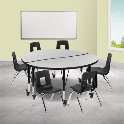 Flash Furniture XU-GRP-14CH-A48-HCIRC-GY-T-P-CAS-GG Mobile 47.5" Circle Wave Activity Table Set-14" Student Stack Chairs, Grey/Black (Grey Top/Black Frame) - View 2