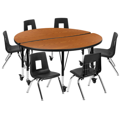 Flash Furniture XU-GRP-14CH-A48-HCIRC-OAK-T-P-CAS-GG Mobile 47.5" Circle Wave Activity Table Set-14" Student Stack Chairs, Oak/Black (Oak Top/Black Frame) - Main view