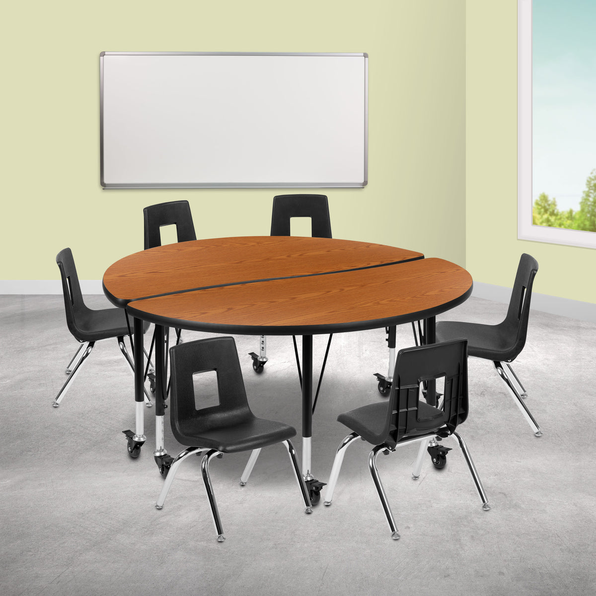 Flash Furniture XU-GRP-14CH-A48-HCIRC-OAK-T-P-CAS-GG Mobile 47.5" Circle Wave Activity Table Set-14" Student Stack Chairs, Oak/Black (Oak Top/Black Frame) - View 2