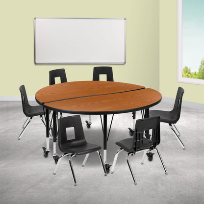 Flash Furniture XU-GRP-14CH-A48-HCIRC-OAK-T-P-CAS-GG Mobile 47.5" Circle Wave Activity Table Set-14" Student Stack Chairs, Oak/Black (Oak Top/Black Frame) - View 2