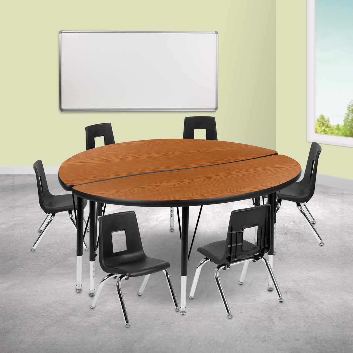 Flash Furniture XU-GRP-14CH-A48-HCIRC-OAK-T-P-GG 47.5" Circle Wave Activity Table Set with 14" Student Stack Chairs, Oak/Black (Oak Top/Black Frame) - View 2