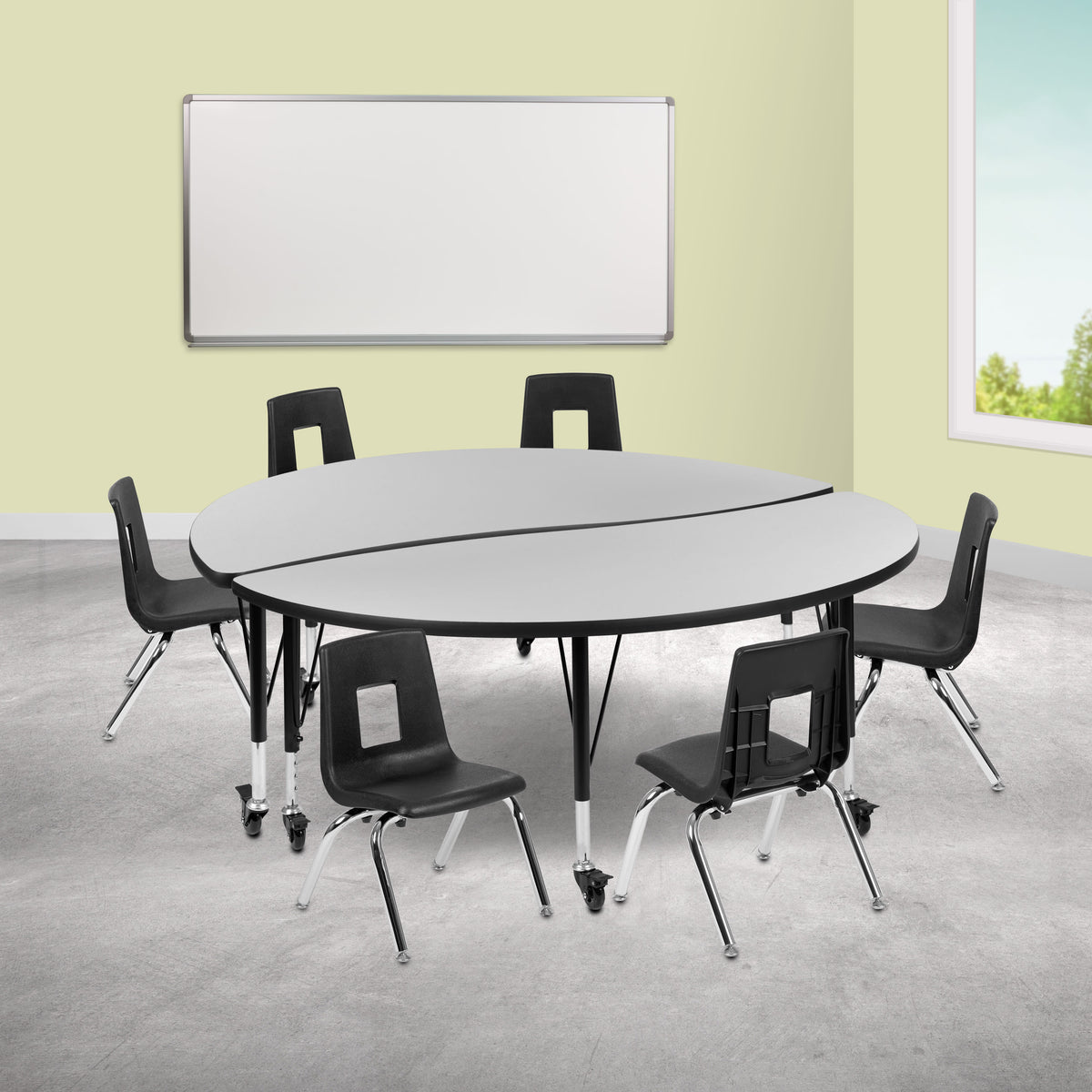 Flash Furniture XU-GRP-14CH-A60-HCIRC-GY-T-P-CAS-GG Mobile 60" Circle Wave Activity Table Set-14" Student Stack Chairs, Grey/Black (Grey Top/Black Frame) - View 2