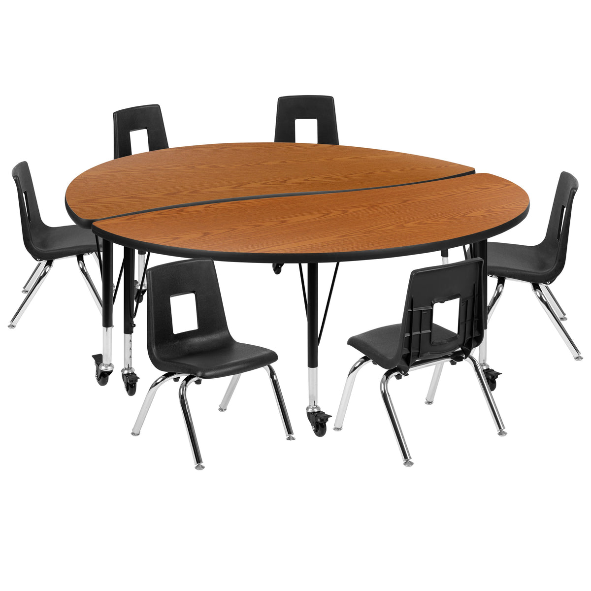 Flash Furniture XU-GRP-14CH-A60-HCIRC-OAK-T-P-CAS-GG Mobile 60" Circle Wave Activity Table Set-14" Student Stack Chairs, Oak/Black (Oak Top/Black Frame) - Main view