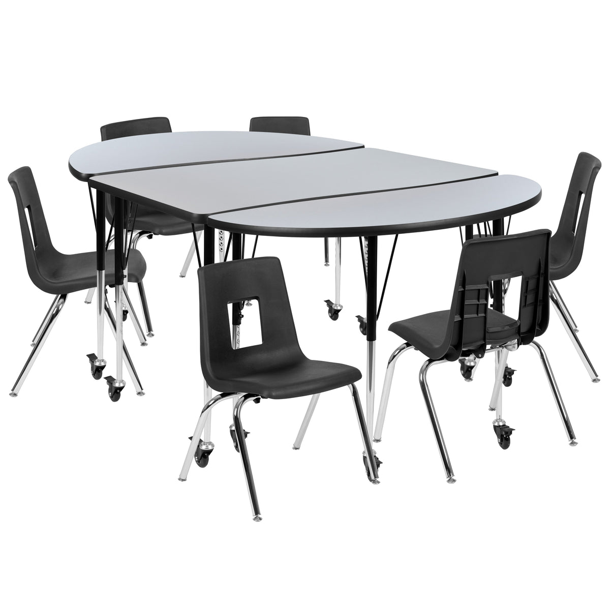 Flash Furniture XU-GRP-16CH-A3048CON-48-GY-T-A-CAS-GG Mobile 76" Oval Wave Activity Table Set-16" Student Stack Chairs, Grey/Black (Grey Top/Black Frame) - Main view