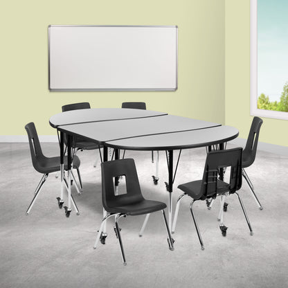 Flash Furniture XU-GRP-16CH-A3048CON-48-GY-T-A-CAS-GG Mobile 76" Oval Wave Activity Table Set-16" Student Stack Chairs, Grey/Black (Grey Top/Black Frame) - View 2