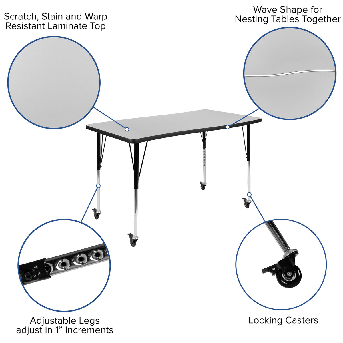 Flash Furniture XU-GRP-16CH-A3048CON-48-GY-T-A-CAS-GG Mobile 76" Oval Wave Activity Table Set-16" Student Stack Chairs, Grey/Black (Grey Top/Black Frame) - View 4