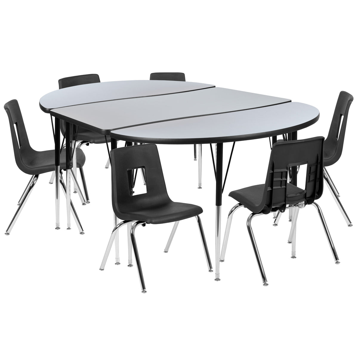 Flash Furniture XU-GRP-16CH-A3048CON-48-GY-T-A-GG 76" Oval Wave Activity Table Set with 16" Student Stack Chairs, Grey/Black (Grey Top/Black Frame) - Main view