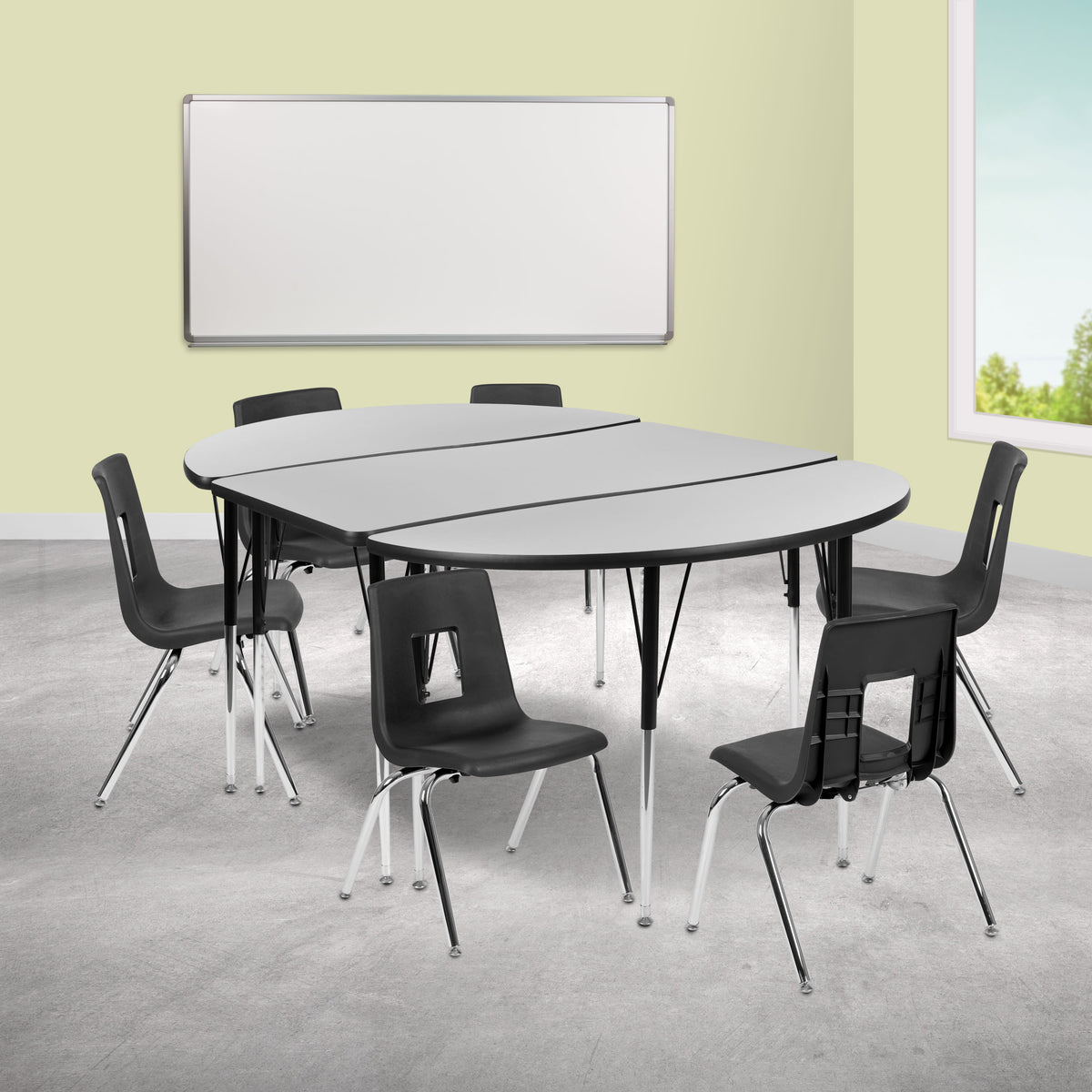 Flash Furniture XU-GRP-16CH-A3048CON-48-GY-T-A-GG 76" Oval Wave Activity Table Set with 16" Student Stack Chairs, Grey/Black (Grey Top/Black Frame) - View 2