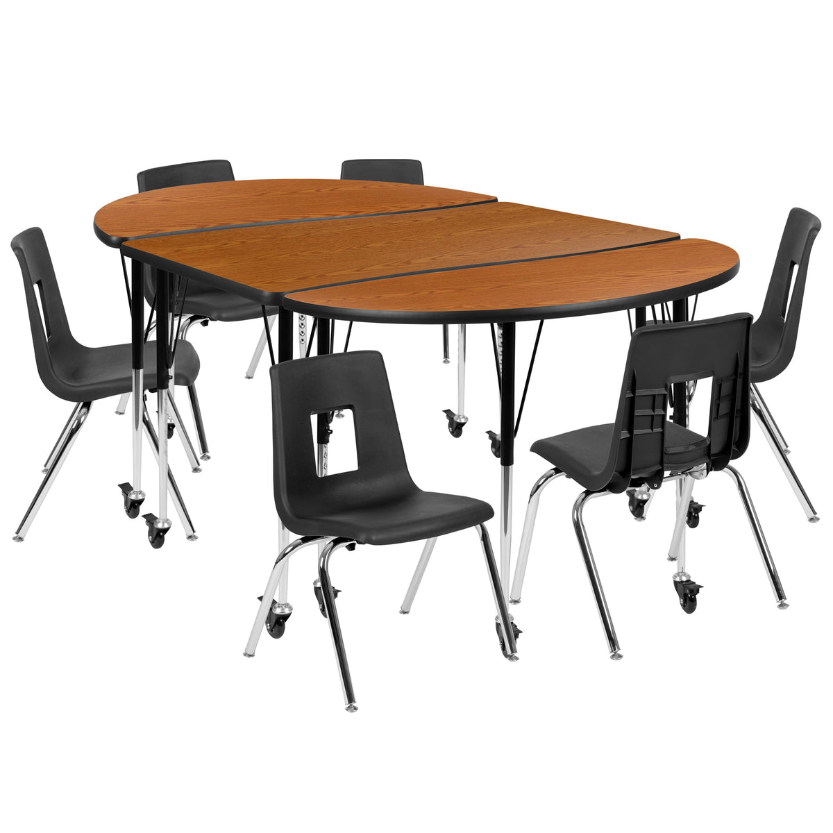 Flash Furniture XU-GRP-16CH-A3048CON-48-OAK-T-A-CAS-GG Mobile 76" Oval Wave Activity Table Set-16" Student Stack Chairs, Oak/Black (Oak Top/Black Frame) - Main view