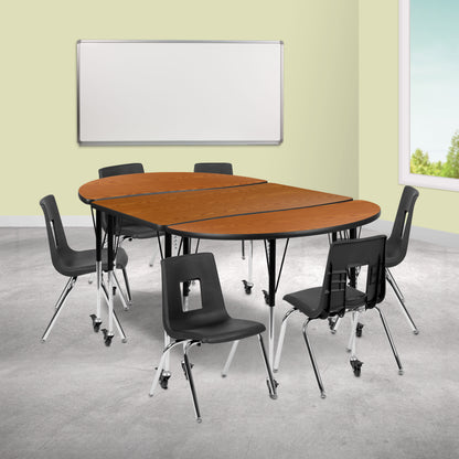 Flash Furniture XU-GRP-16CH-A3048CON-48-OAK-T-A-CAS-GG Mobile 76" Oval Wave Activity Table Set-16" Student Stack Chairs, Oak/Black (Oak Top/Black Frame) - View 2