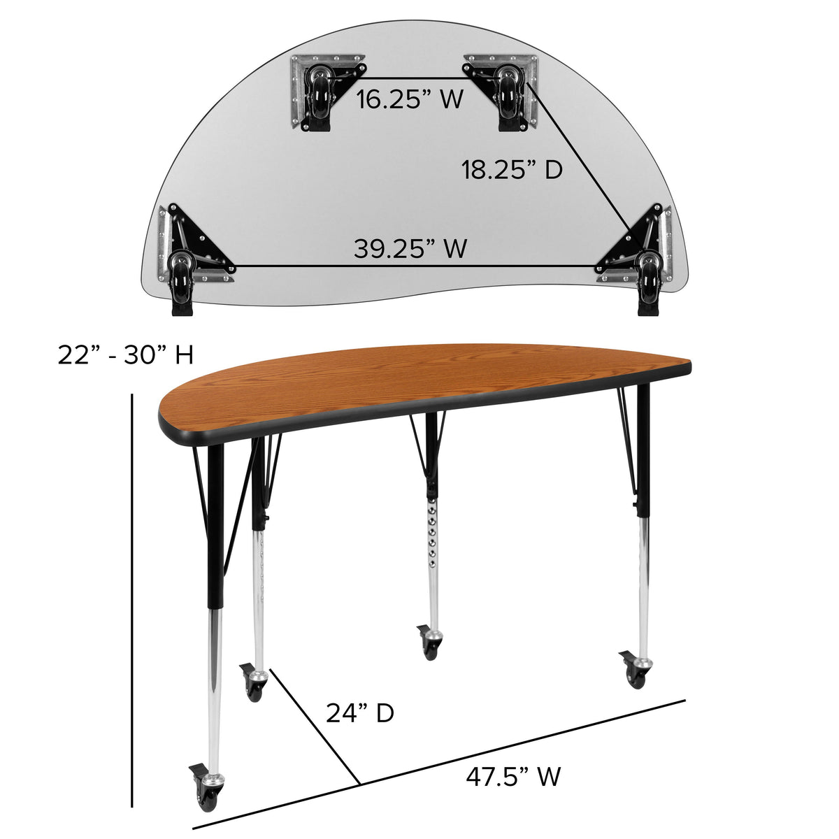 Flash Furniture XU-GRP-16CH-A3048CON-48-OAK-T-A-CAS-GG Mobile 76" Oval Wave Activity Table Set-16" Student Stack Chairs, Oak/Black (Oak Top/Black Frame) - View 6