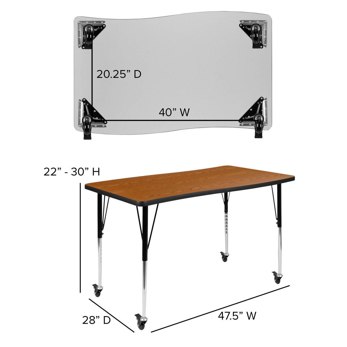 Flash Furniture XU-GRP-16CH-A3048CON-48-OAK-T-A-CAS-GG Mobile 76" Oval Wave Activity Table Set-16" Student Stack Chairs, Oak/Black (Oak Top/Black Frame) - View 7