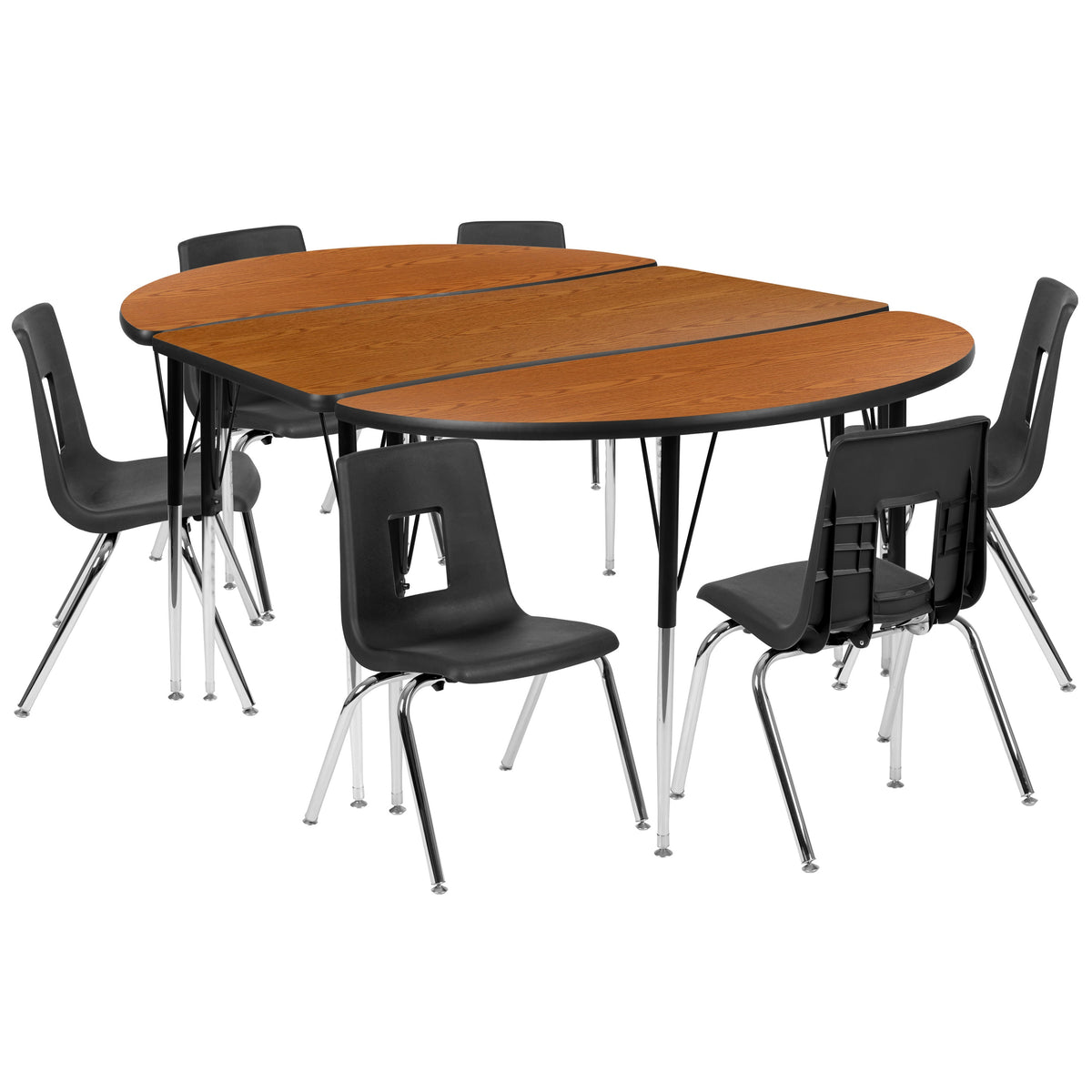 Flash Furniture XU-GRP-16CH-A3048CON-48-OAK-T-A-GG 76" Oval Wave Activity Table Set with 16" Student Stack Chairs, Oak/Black (Oak Top/Black Frame) - Main view
