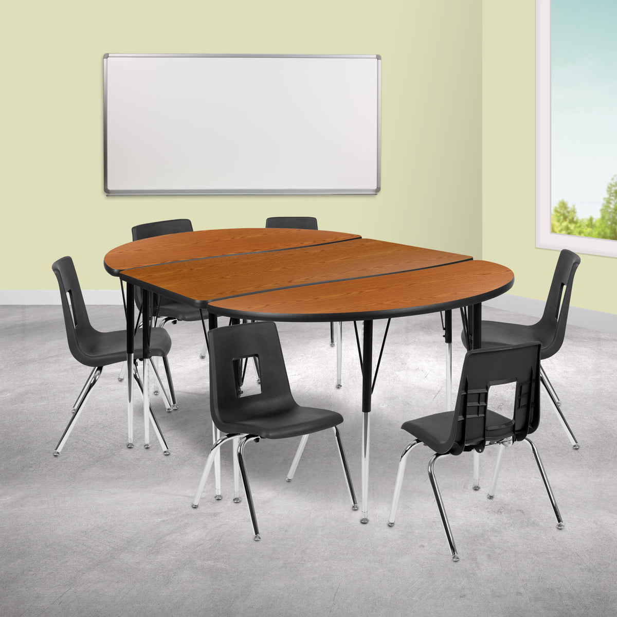 Flash Furniture XU-GRP-16CH-A3048CON-48-OAK-T-A-GG 76" Oval Wave Activity Table Set with 16" Student Stack Chairs, Oak/Black (Oak Top/Black Frame) - View 2