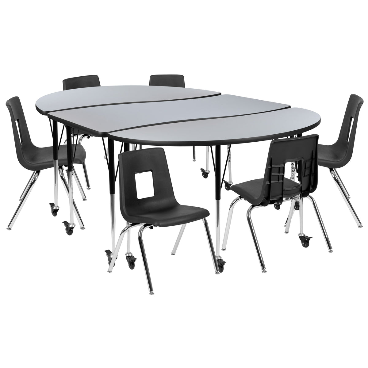 Flash Furniture XU-GRP-16CH-A3060CON-60-GY-T-A-CAS-GG Mobile 86" Oval Wave Activity Table Set-16" Student Stack Chairs, Grey/Black (Grey Top/Black Frame) - Main view