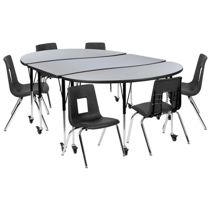 Flash Furniture XU-GRP-16CH-A3060CON-60-GY-T-A-CAS-GG Mobile 86" Oval Wave Activity Table Set-16" Student Stack Chairs, Grey/Black (Grey Top/Black Frame) - Main view