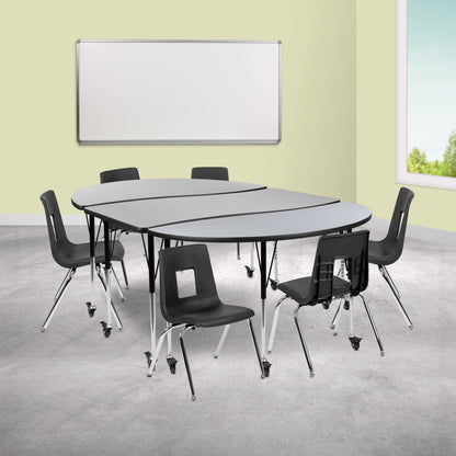 Flash Furniture XU-GRP-16CH-A3060CON-60-GY-T-A-CAS-GG Mobile 86" Oval Wave Activity Table Set-16" Student Stack Chairs, Grey/Black (Grey Top/Black Frame) - View 2