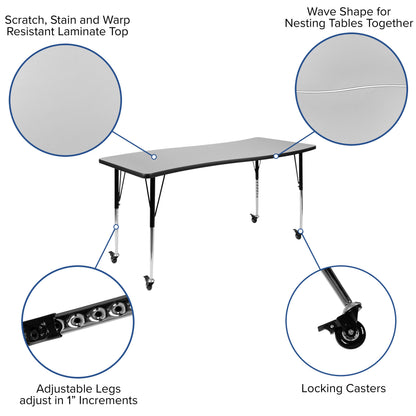 Flash Furniture XU-GRP-16CH-A3060CON-60-GY-T-A-CAS-GG Mobile 86" Oval Wave Activity Table Set-16" Student Stack Chairs, Grey/Black (Grey Top/Black Frame) - View 4