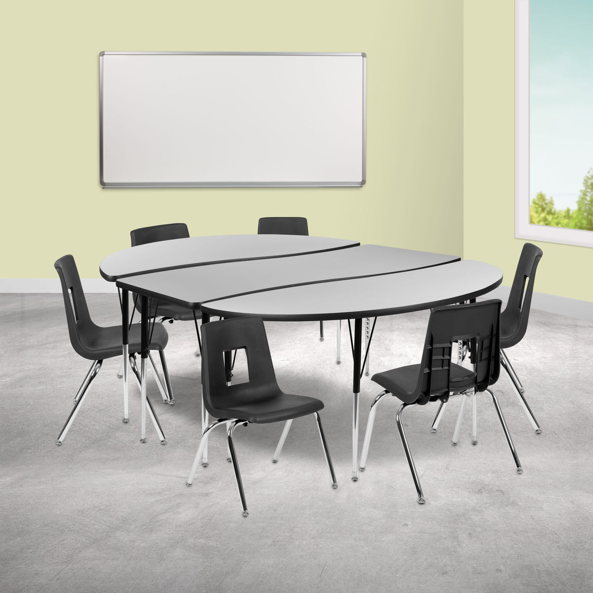 Flash Furniture XU-GRP-16CH-A3060CON-60-GY-T-A-GG 86" Oval Wave Activity Table Set with 16" Student Stack Chairs, Grey/Black (Grey Top/Black Frame) - View 2