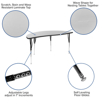 Flash Furniture XU-GRP-16CH-A3060CON-60-GY-T-A-GG 86" Oval Wave Activity Table Set with 16" Student Stack Chairs, Grey/Black (Grey Top/Black Frame) - View 3