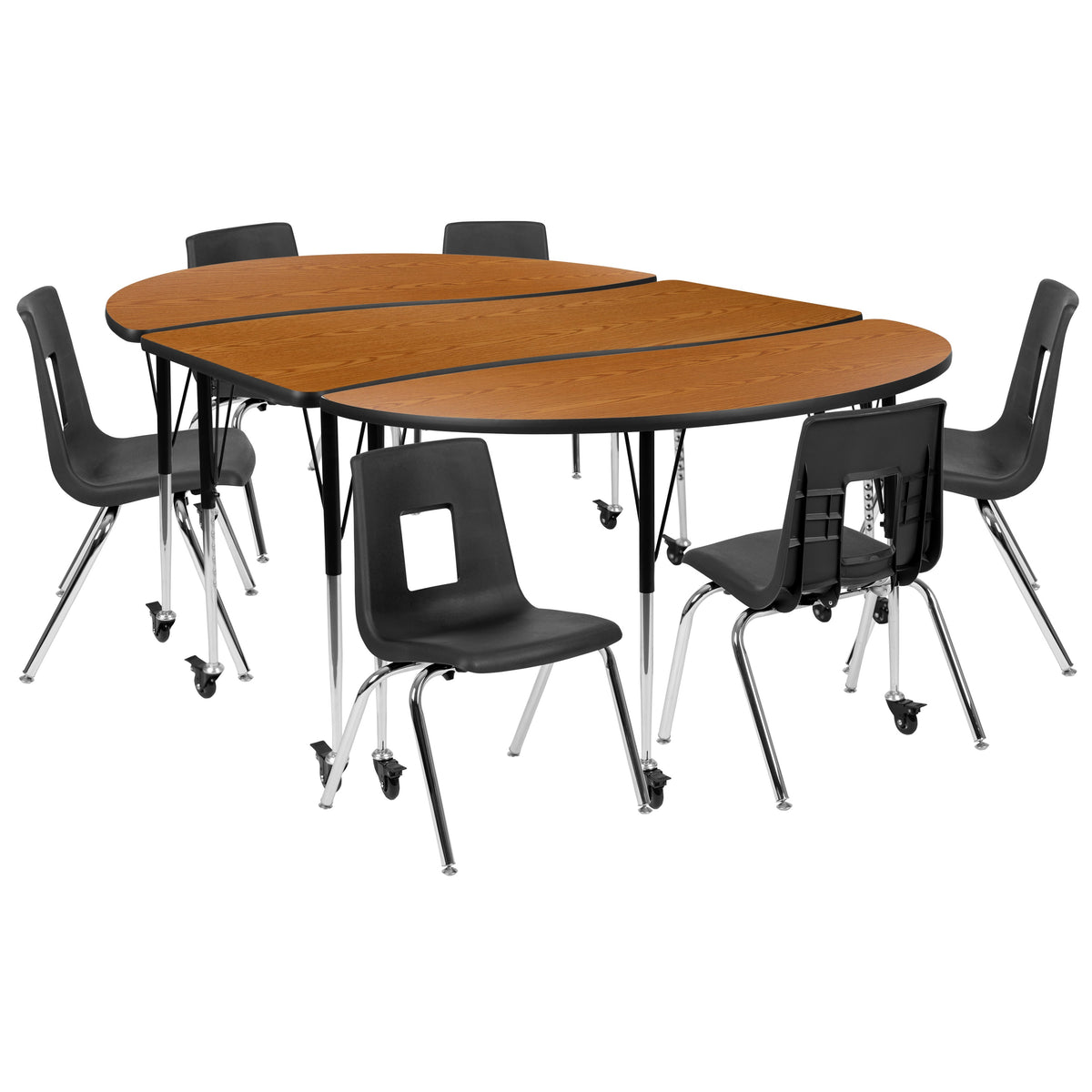 Flash Furniture XU-GRP-16CH-A3060CON-60-OAK-T-A-CAS-GG Mobile 86" Oval Wave Activity Table Set-16" Student Stack Chairs, Oak/Black (Oak Top/Black Frame) - Main view