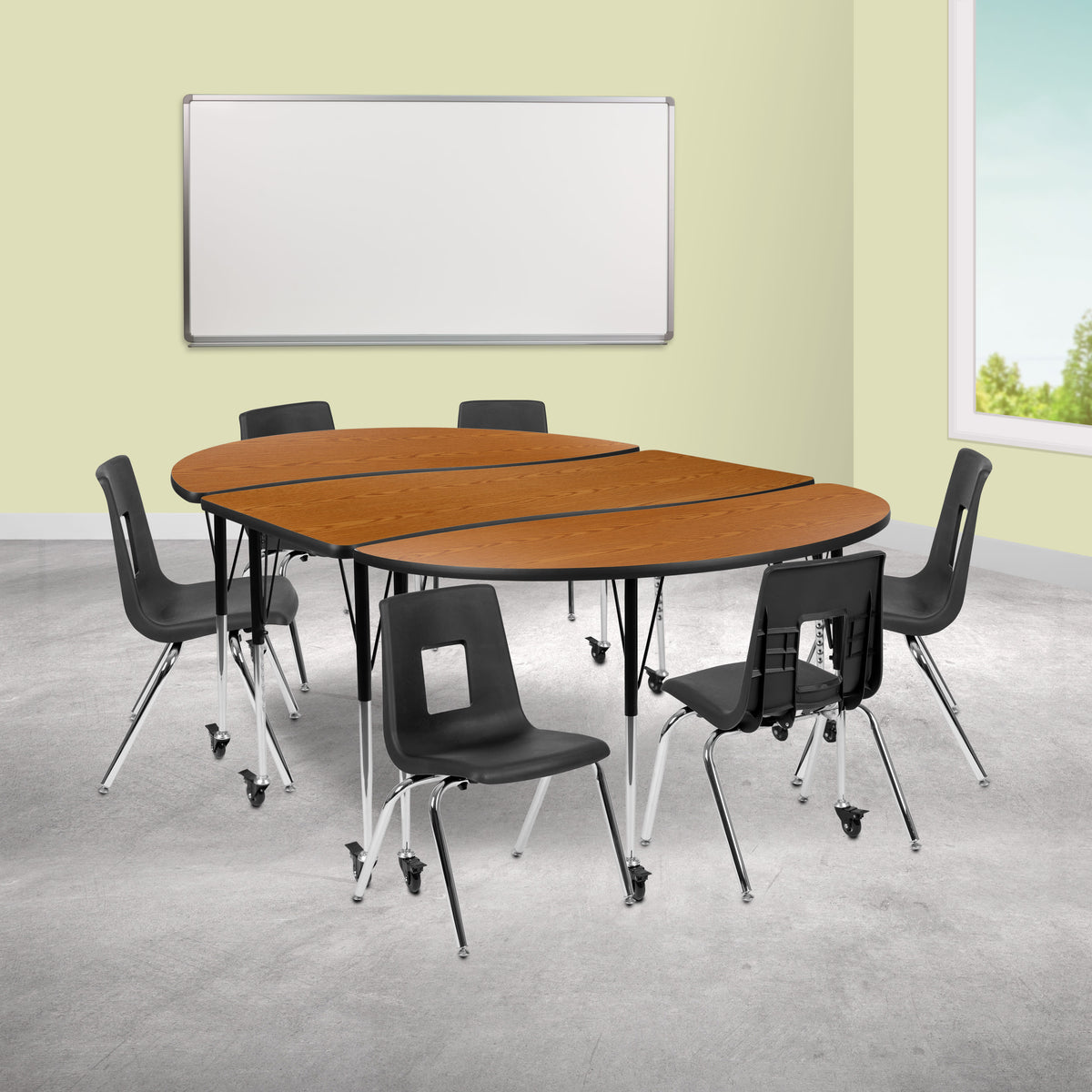 Flash Furniture XU-GRP-16CH-A3060CON-60-OAK-T-A-CAS-GG Mobile 86" Oval Wave Activity Table Set-16" Student Stack Chairs, Oak/Black (Oak Top/Black Frame) - View 2