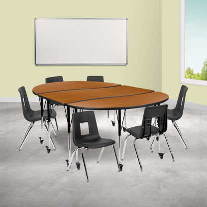 Flash Furniture XU-GRP-16CH-A3060CON-60-OAK-T-A-CAS-GG Mobile 86" Oval Wave Activity Table Set-16" Student Stack Chairs, Oak/Black (Oak Top/Black Frame) - View 2