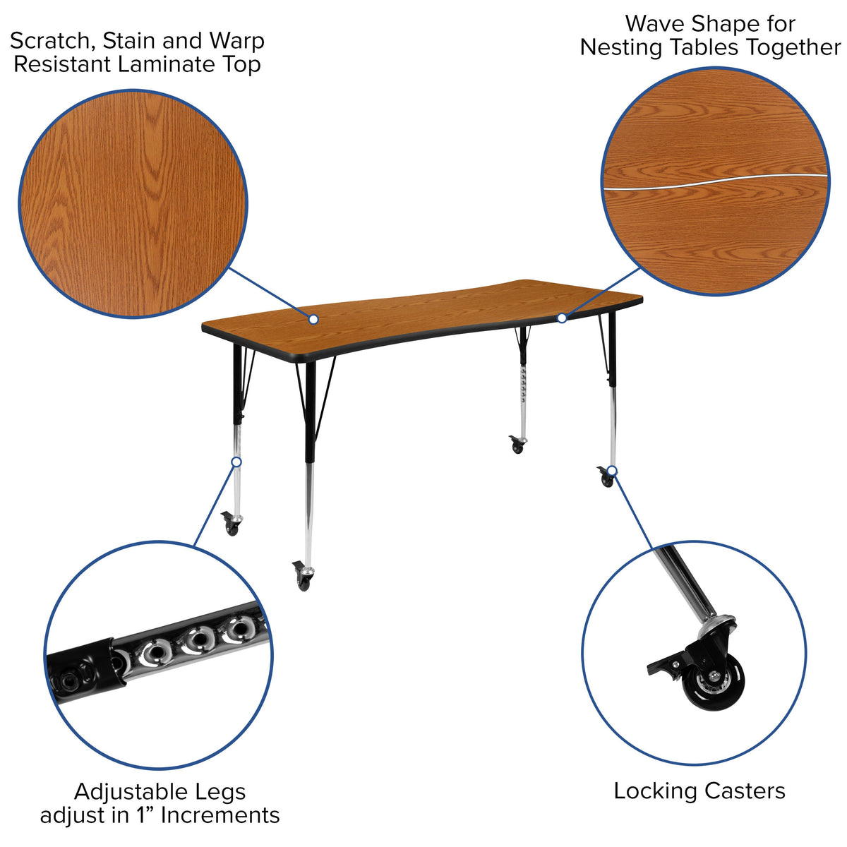 Flash Furniture XU-GRP-16CH-A3060CON-60-OAK-T-A-CAS-GG Mobile 86" Oval Wave Activity Table Set-16" Student Stack Chairs, Oak/Black (Oak Top/Black Frame) - View 4