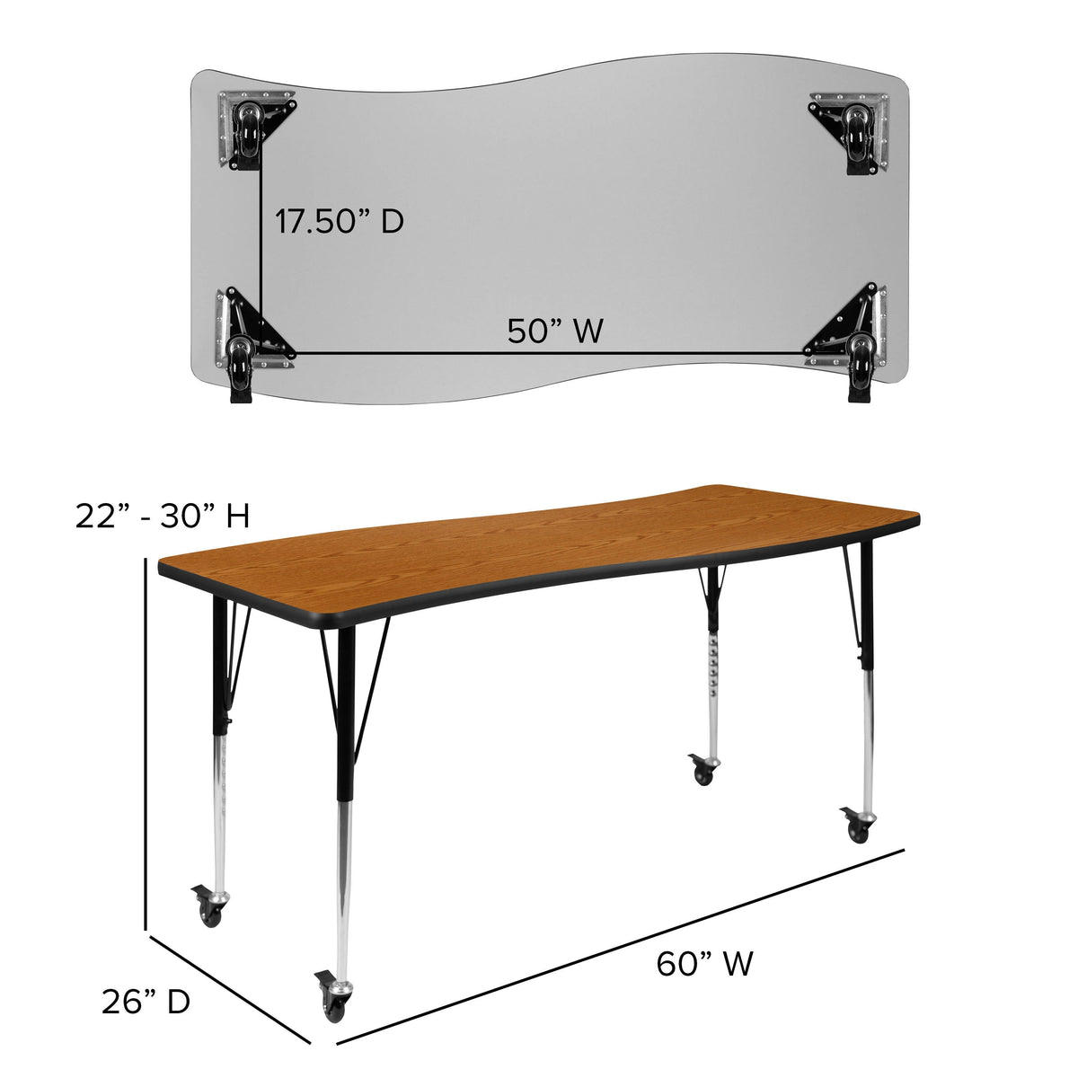 Flash Furniture XU-GRP-16CH-A3060CON-60-OAK-T-A-CAS-GG Mobile 86" Oval Wave Activity Table Set-16" Student Stack Chairs, Oak/Black (Oak Top/Black Frame) - View 7