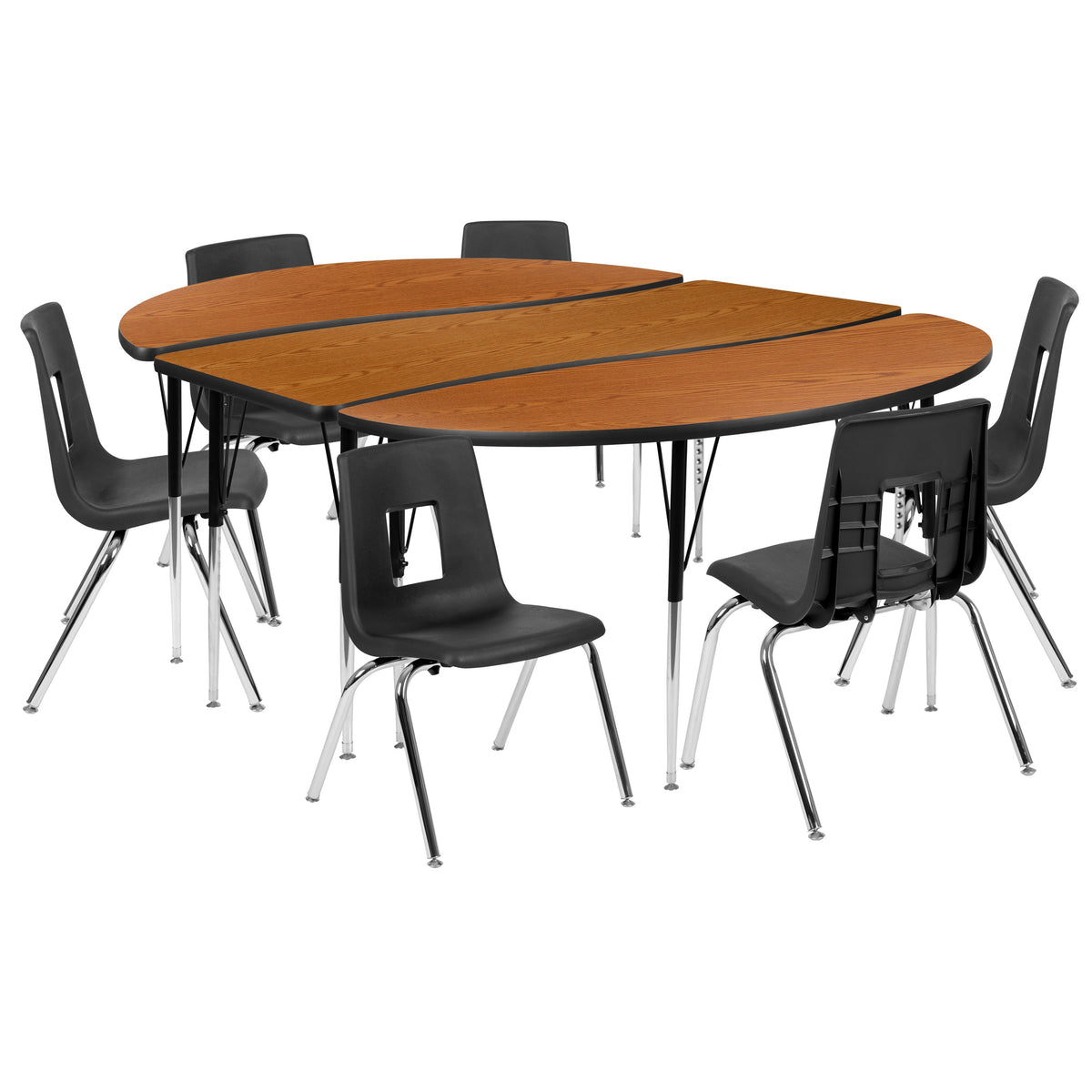 Flash Furniture XU-GRP-16CH-A3060CON-60-OAK-T-A-GG 86" Oval Wave Activity Table Set with 16" Student Stack Chairs, Oak/Black (Oak Top/Black Frame) - Main view
