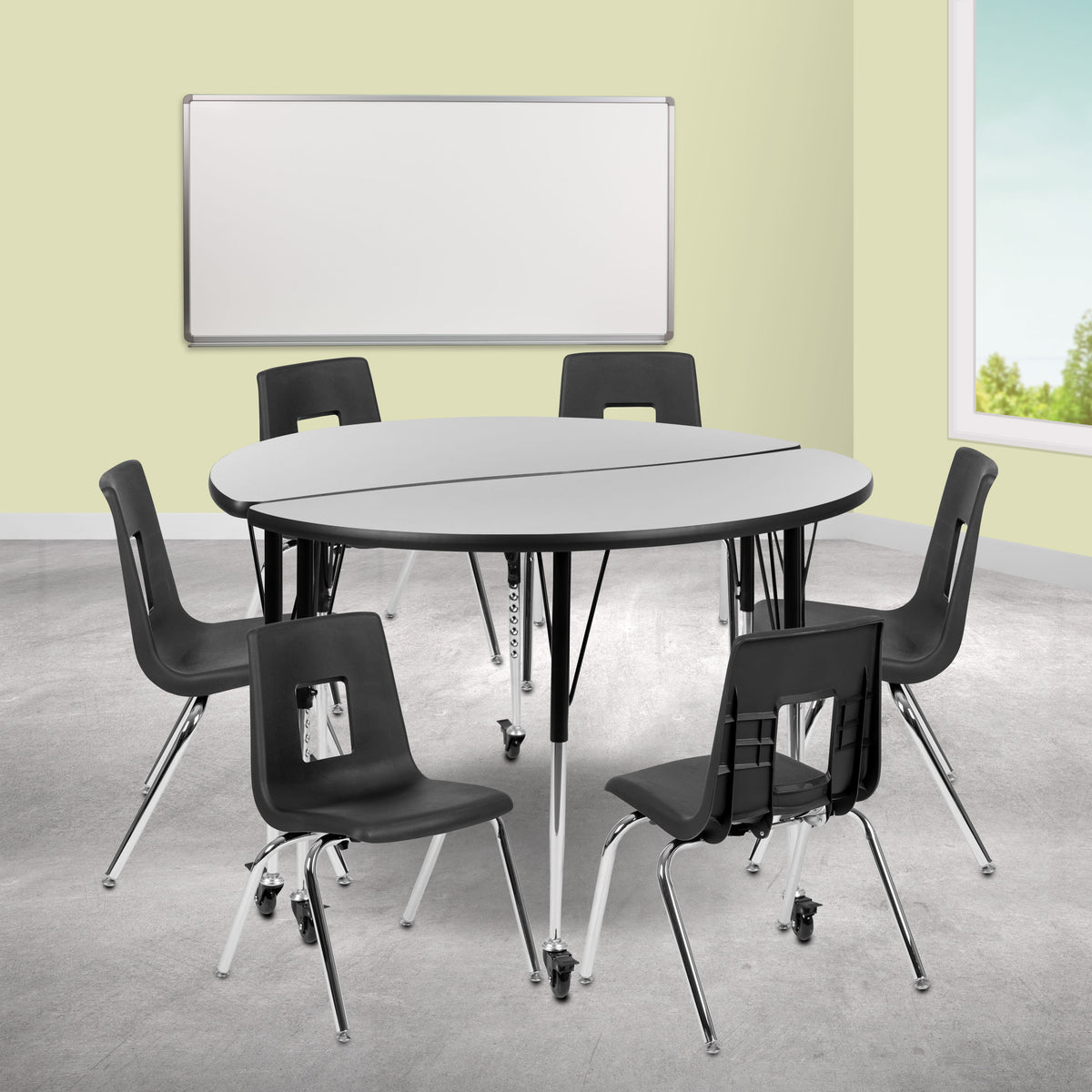 Flash Furniture XU-GRP-16CH-A48-HCIRC-GY-T-A-CAS-GG Mobile 47.5" Circle Wave Activity Table Set-16" Student Stack Chairs, Grey/Black (Grey Top/Black Frame) - View 2