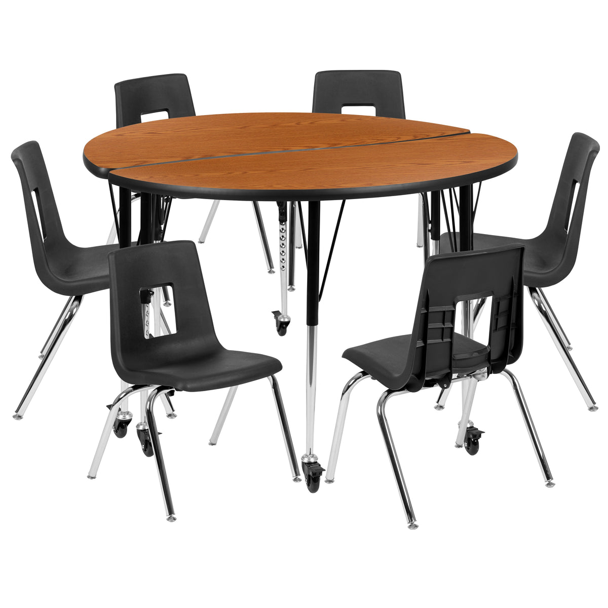 Flash Furniture XU-GRP-16CH-A48-HCIRC-OAK-T-A-CAS-GG Mobile 47.5" Circle Wave Activity Table Set-16" Student Stack Chairs, Oak/Black (Oak Top/Black Frame) - Main view
