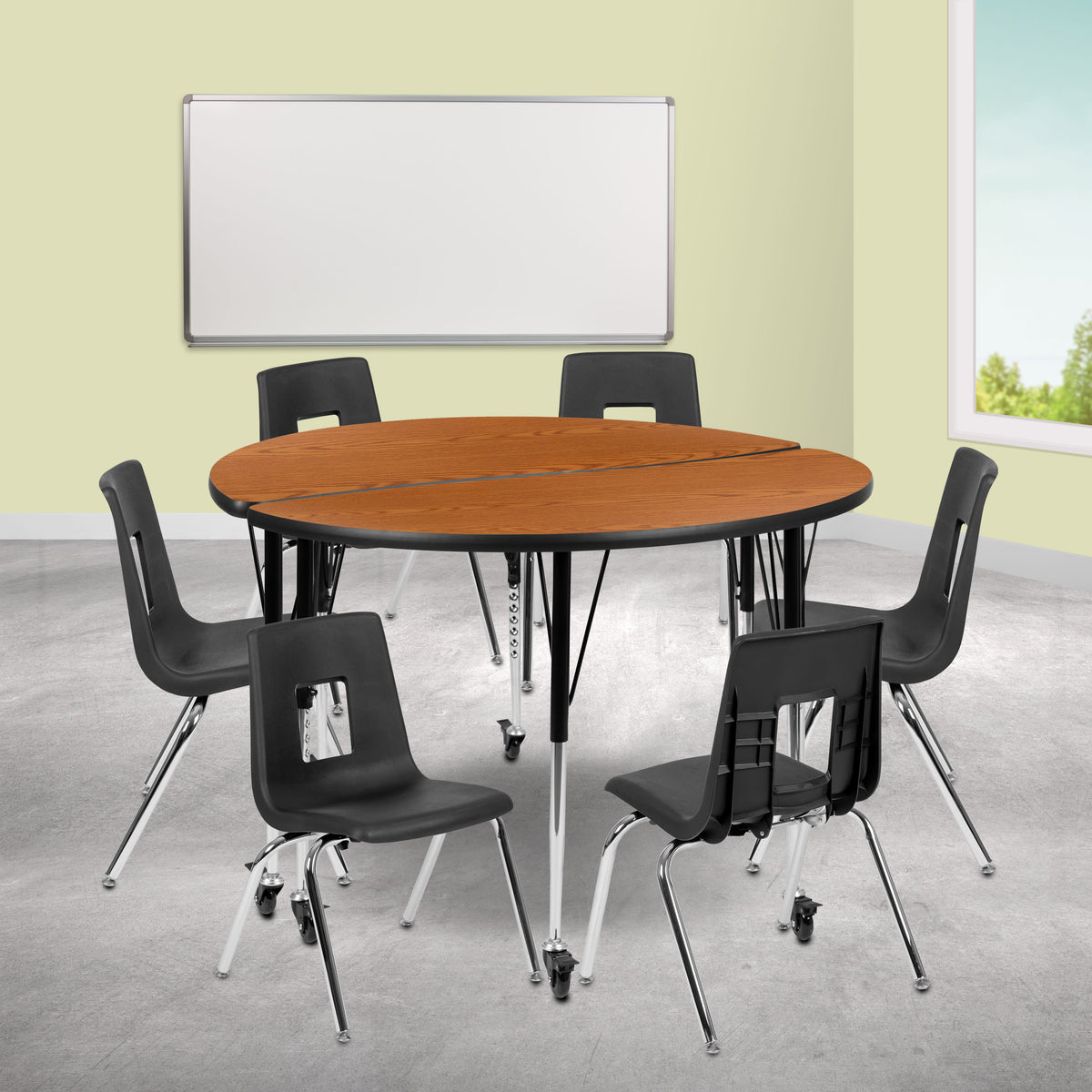 Flash Furniture XU-GRP-16CH-A48-HCIRC-OAK-T-A-CAS-GG Mobile 47.5" Circle Wave Activity Table Set-16" Student Stack Chairs, Oak/Black (Oak Top/Black Frame) - View 2