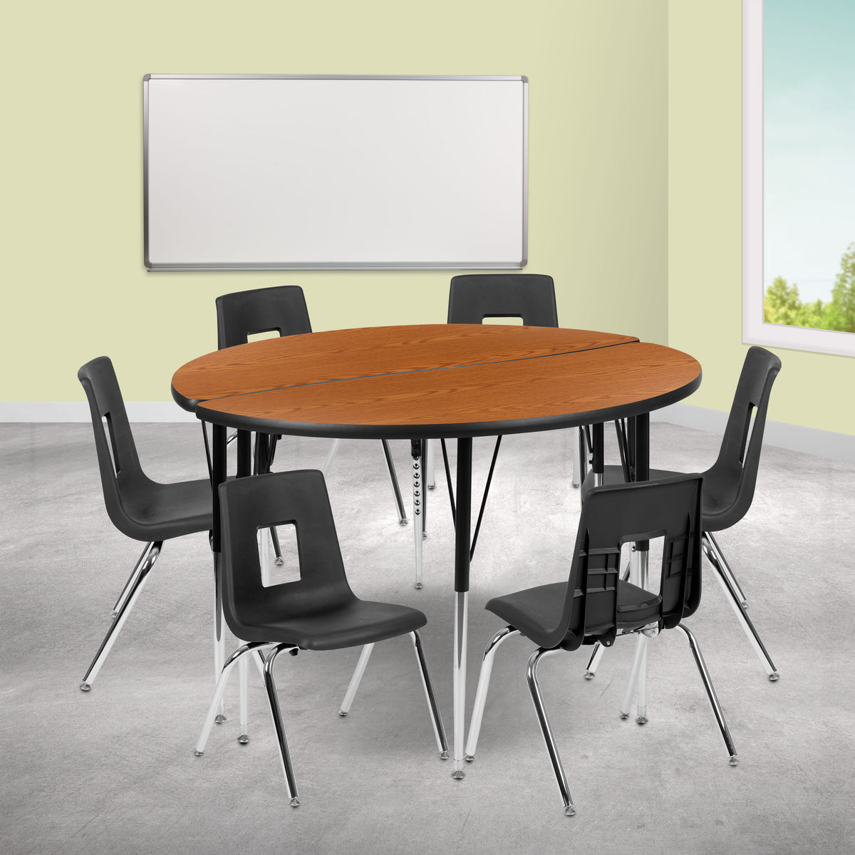 Flash Furniture XU-GRP-16CH-A48-HCIRC-OAK-T-A-GG 47.5" Circle Wave Activity Table Set with 16" Student Stack Chairs, Oak/Black (Oak Top/Black Frame) - View 2