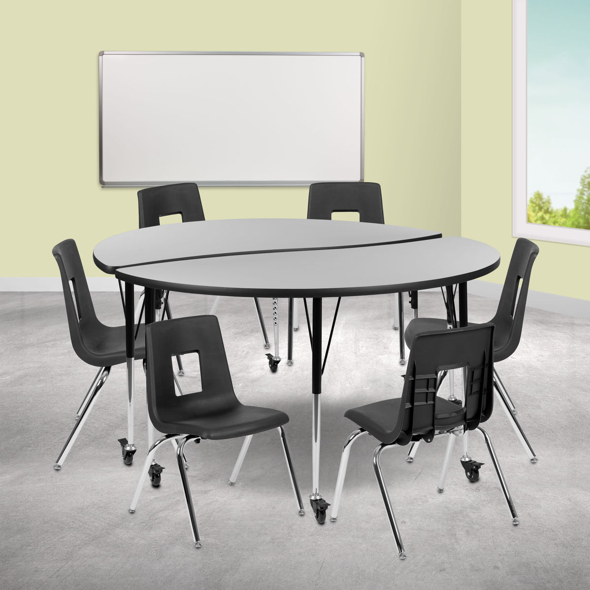 Flash Furniture XU-GRP-16CH-A60-HCIRC-GY-T-A-CAS-GG Mobile 60" Circle Wave Activity Table Set-16" Student Stack Chairs, Grey/Black (Grey Top/Black Frame) - View 2