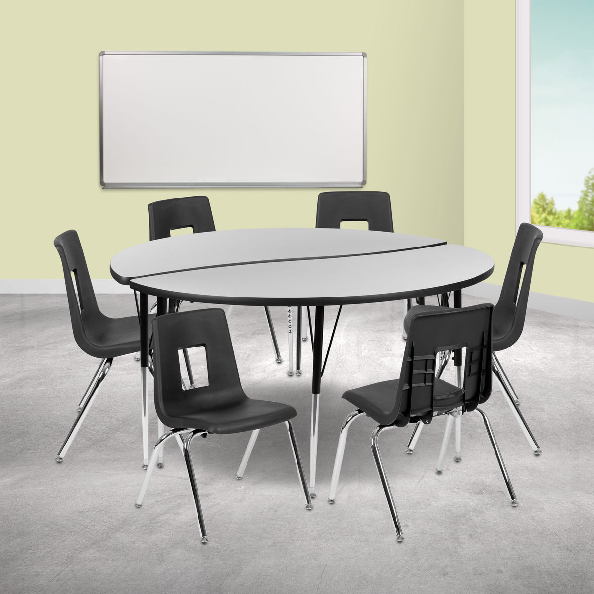 Flash Furniture XU-GRP-16CH-A60-HCIRC-GY-T-A-GG 60" Circle Wave Activity Table Set with 16" Student Stack Chairs, Grey/Black (Grey Top/Black Frame) - View 2