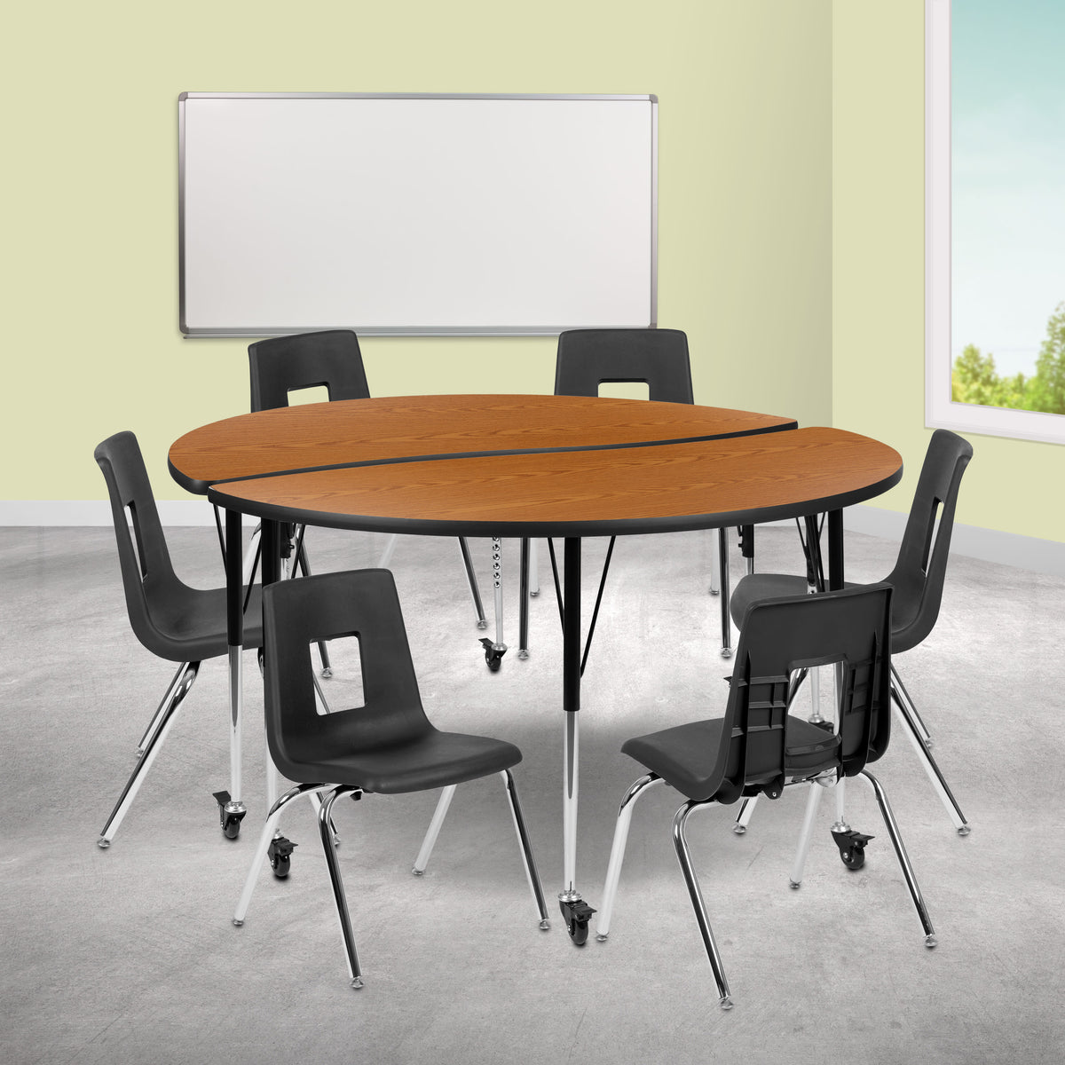Flash Furniture XU-GRP-16CH-A60-HCIRC-OAK-T-A-CAS-GG Mobile 60" Circle Wave Activity Table Set-16" Student Stack Chairs, Oak/Black (Oak Top/Black Frame) - View 2
