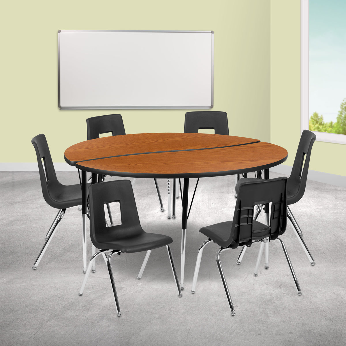 Flash Furniture XU-GRP-16CH-A60-HCIRC-OAK-T-A-GG 60" Circle Wave Activity Table Set with 16" Student Stack Chairs, Oak/Black (Oak Top/Black Frame) - View 2