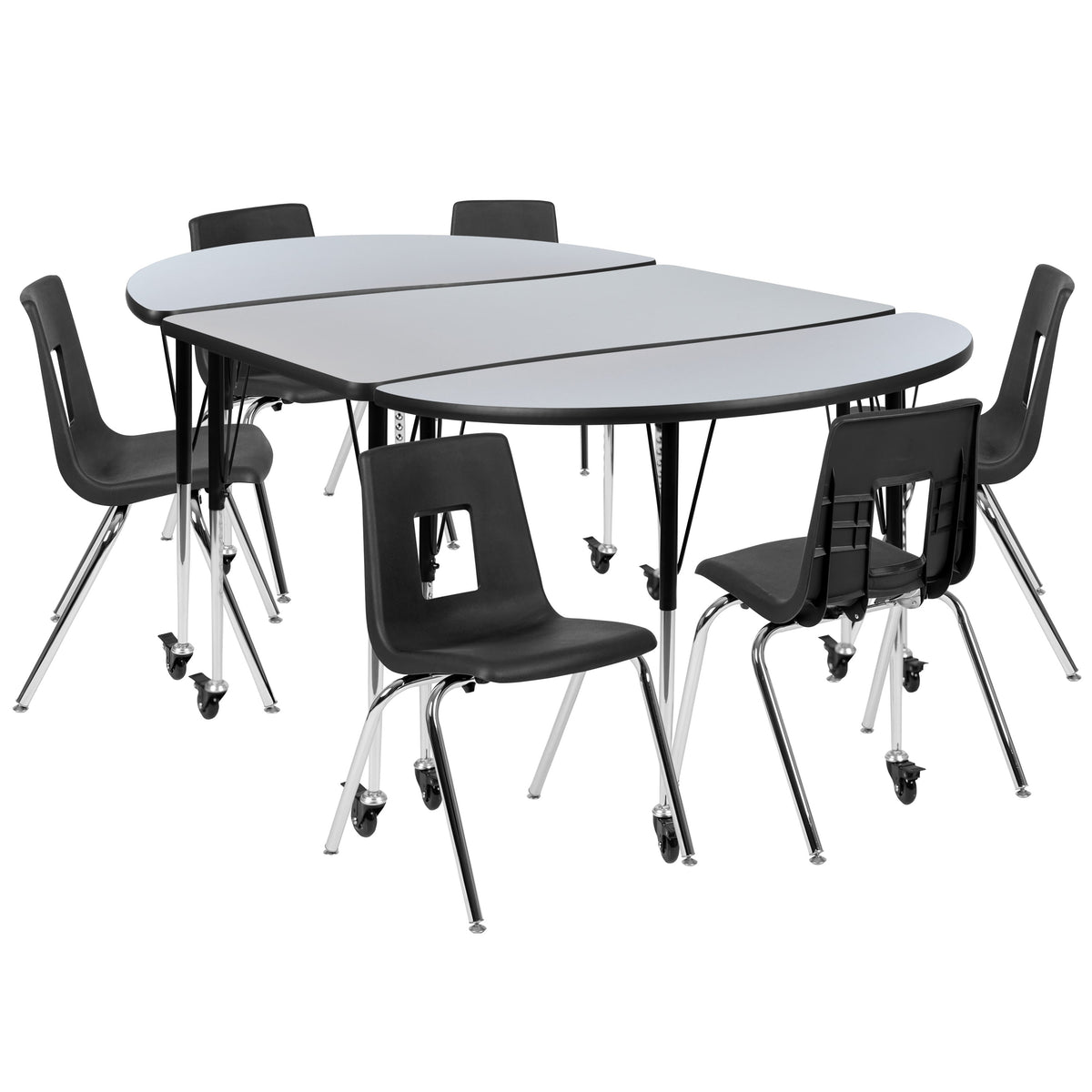 Flash Furniture XU-GRP-18CH-A3048CON-48-GY-T-A-CAS-GG Mobile 76" Oval Wave Activity Table Set-18" Student Stack Chairs, Grey/Black (Grey Top/Black Frame) - Main view