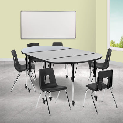 Flash Furniture XU-GRP-18CH-A3048CON-48-GY-T-A-CAS-GG Mobile 76" Oval Wave Activity Table Set-18" Student Stack Chairs, Grey/Black (Grey Top/Black Frame) - View 2
