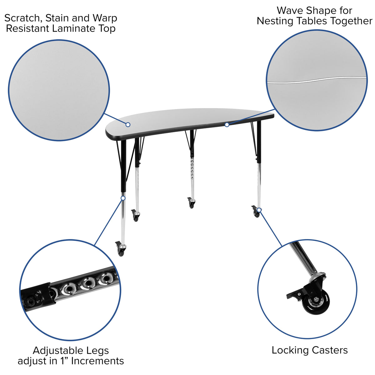 Flash Furniture XU-GRP-18CH-A3048CON-48-GY-T-A-CAS-GG Mobile 76" Oval Wave Activity Table Set-18" Student Stack Chairs, Grey/Black (Grey Top/Black Frame) - View 3