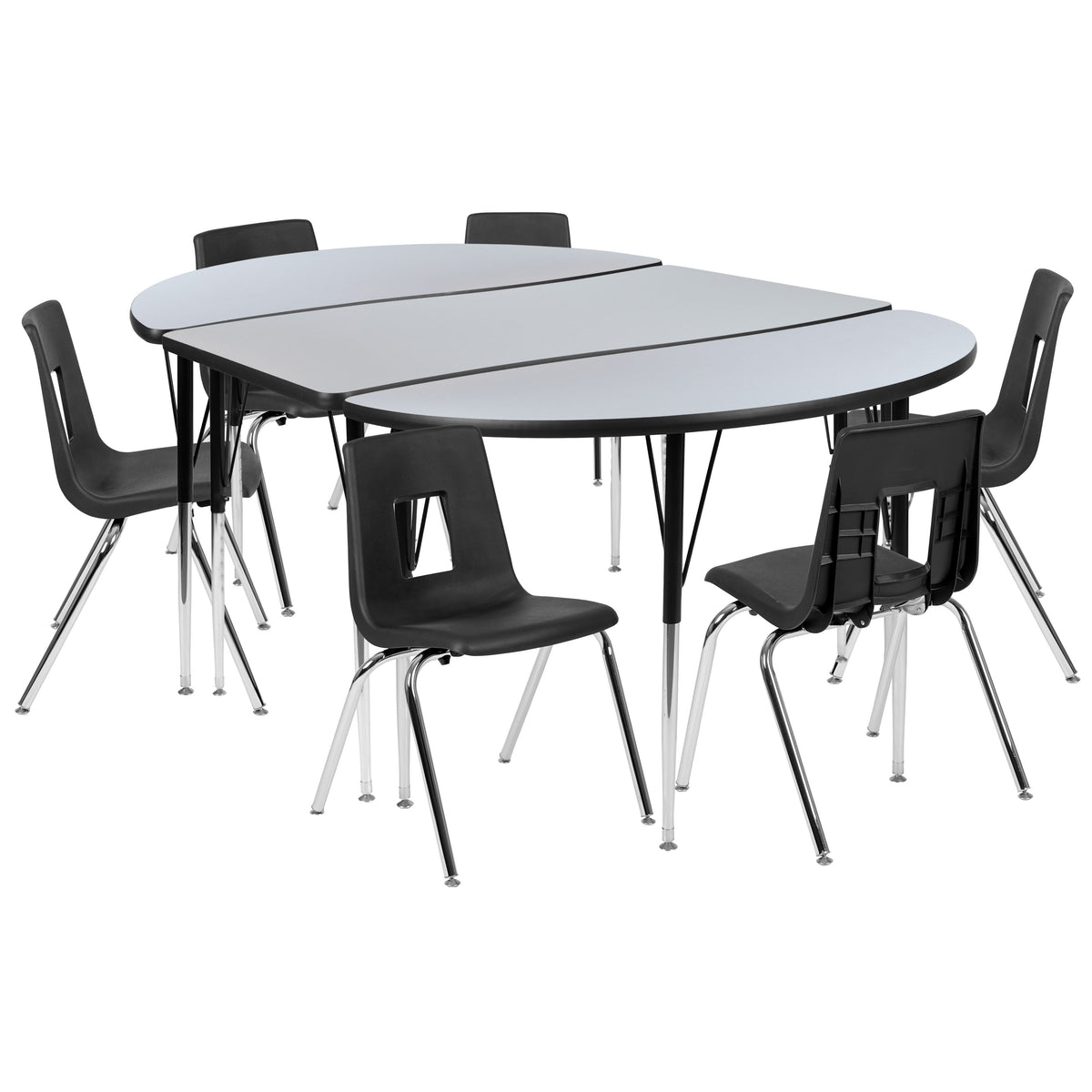 Flash Furniture XU-GRP-18CH-A3048CON-48-GY-T-A-GG 76" Oval Wave Activity Table Set with 18" Student Stack Chairs, Grey/Black (Grey Top/Black Frame) - Main view