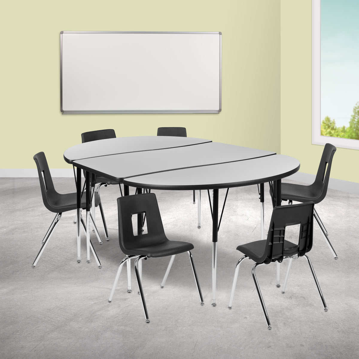 Flash Furniture XU-GRP-18CH-A3048CON-48-GY-T-A-GG 76" Oval Wave Activity Table Set with 18" Student Stack Chairs, Grey/Black (Grey Top/Black Frame) - View 2