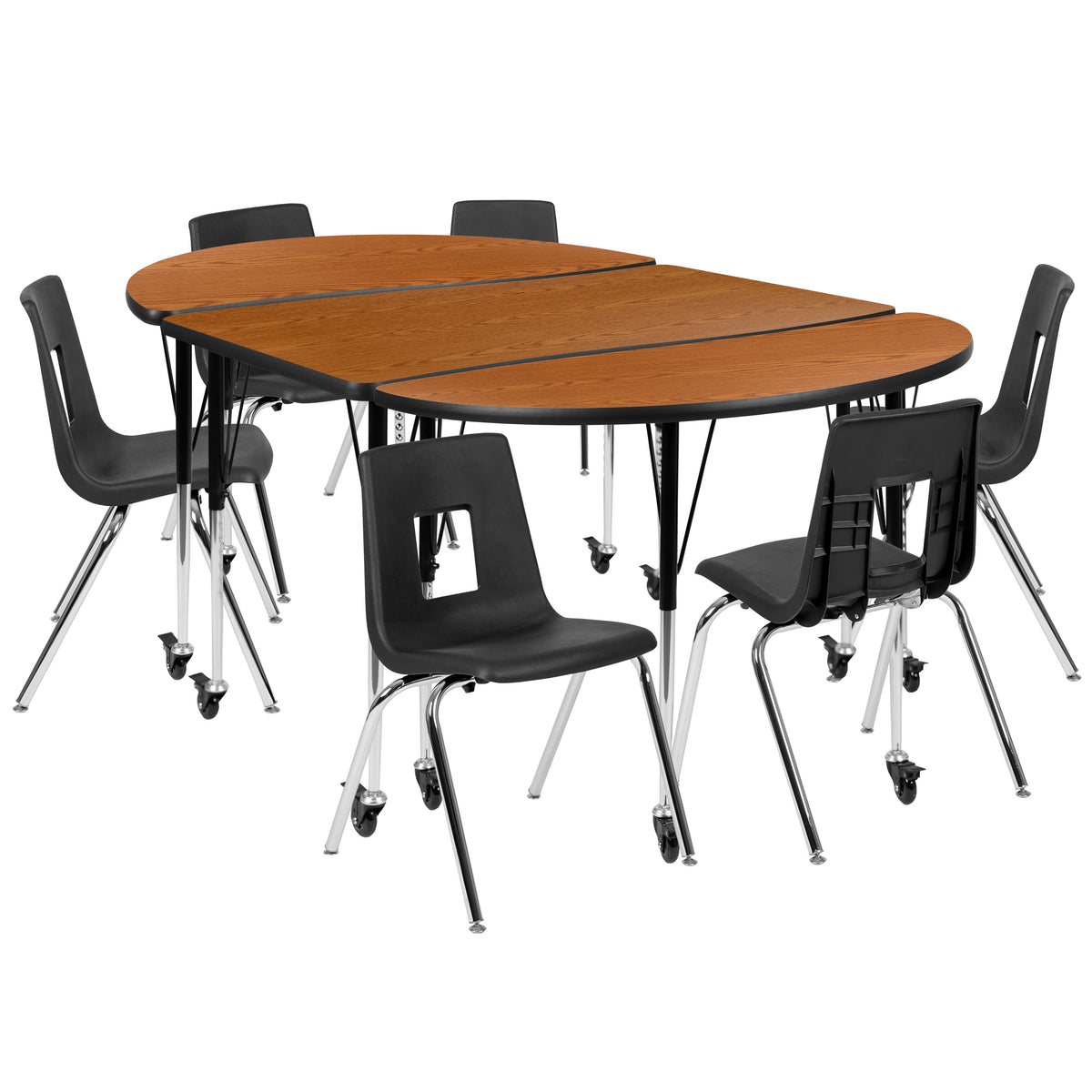 Flash Furniture XU-GRP-18CH-A3048CON-48-OAK-T-A-CAS-GG Mobile 76" Oval Wave Activity Table Set-18" Student Stack Chairs, Oak/Black (Oak Top/Black Frame) - Main view